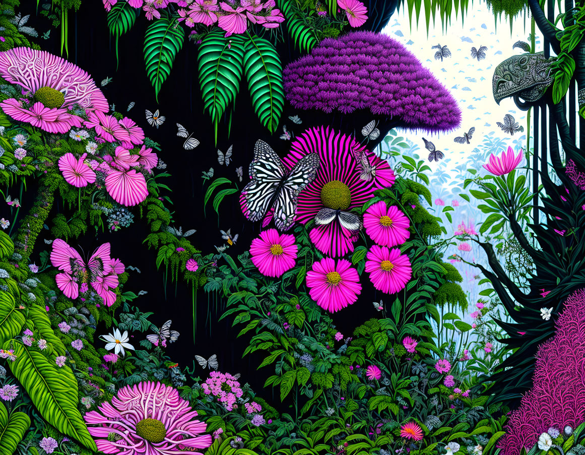 Colorful Tropical Scene with Flowers, Foliage, Butterflies, and Chameleon