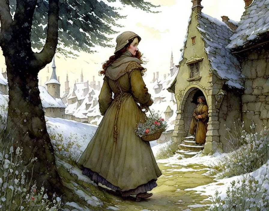 Woman in vintage dress with basket of flowers walking snowy path past charming cottages