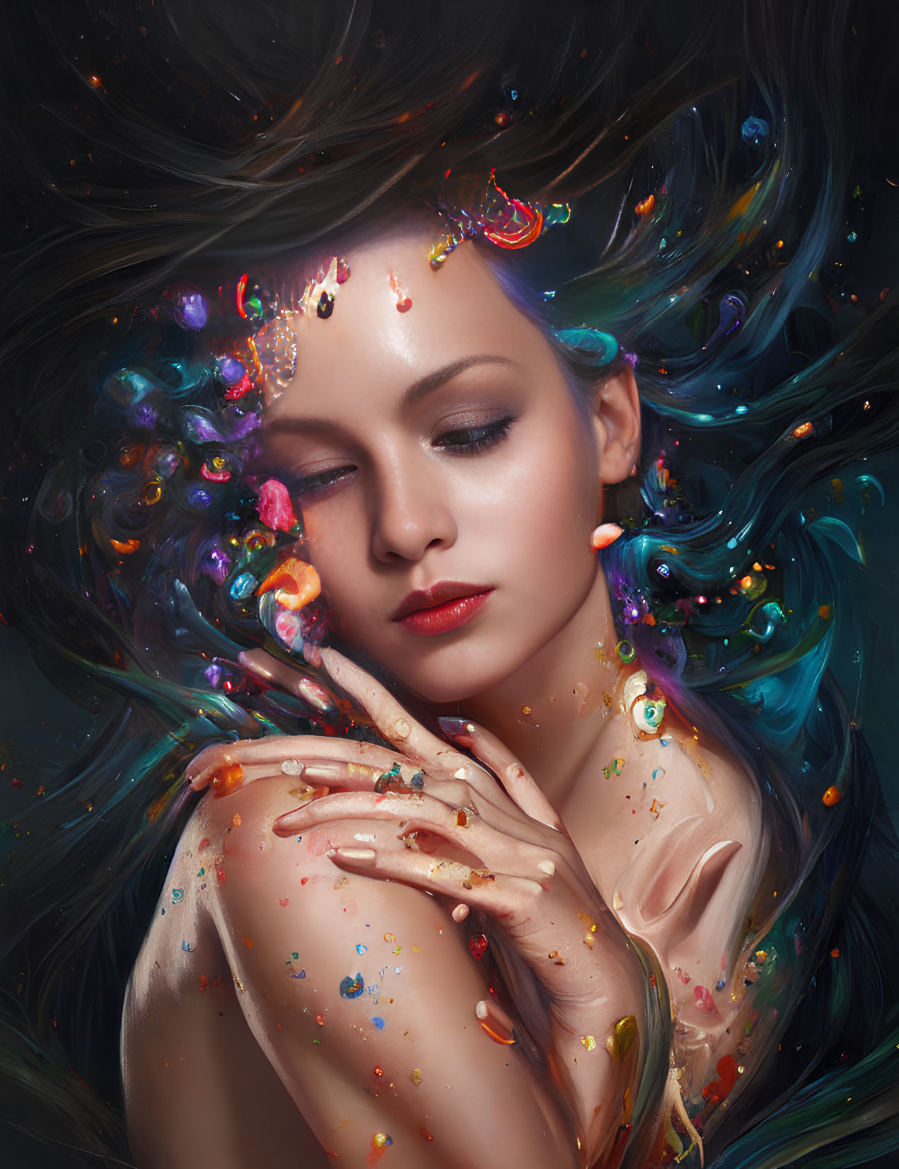 Woman with closed eyes surrounded by vibrant swirling colors and paint splashes