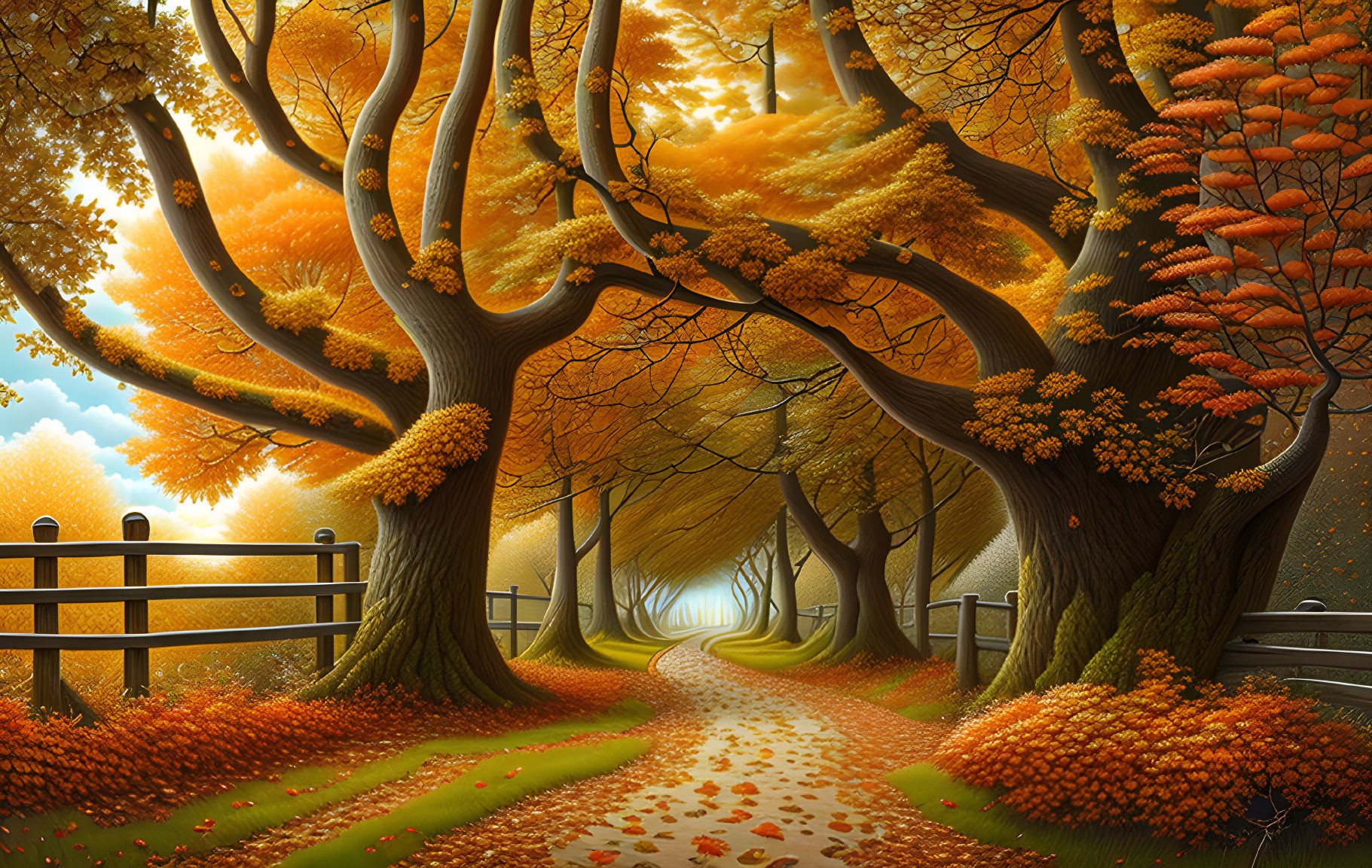 Tranquil autumn landscape with golden trees and warm light