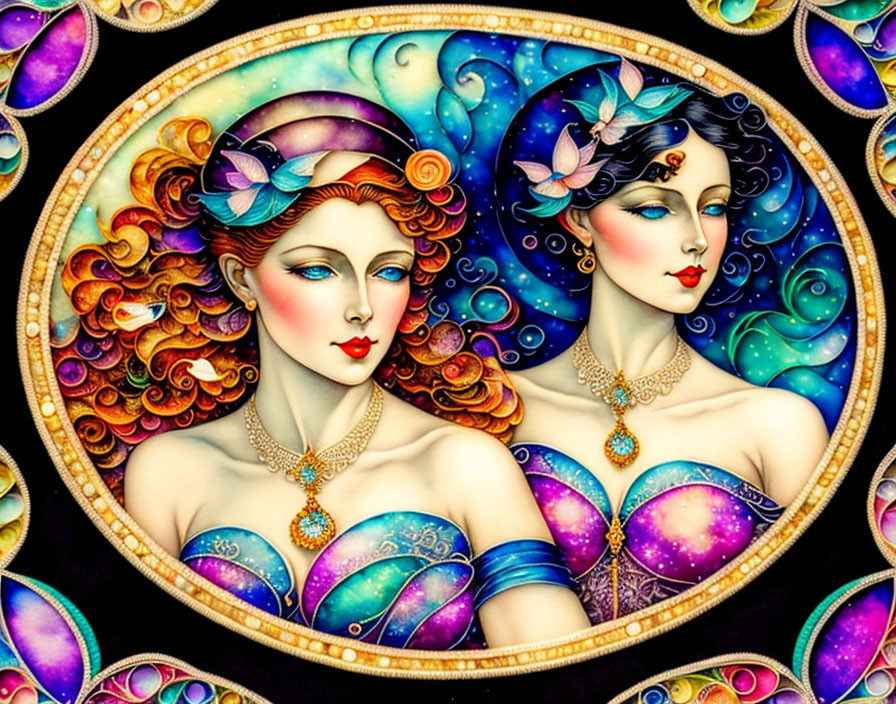 Stylized women in cosmic-themed attire on dark background