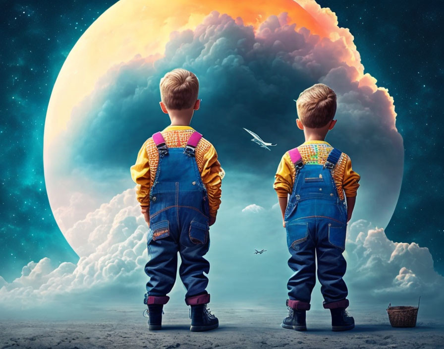 Two children in overalls under surreal moon with paper planes and picnic basket.