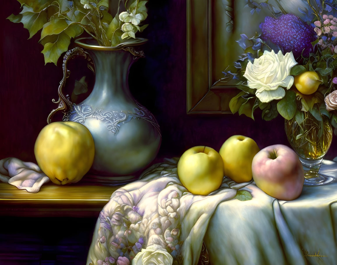 Silver vase, flowers, framed artwork, apples on tablecloth in still life painting