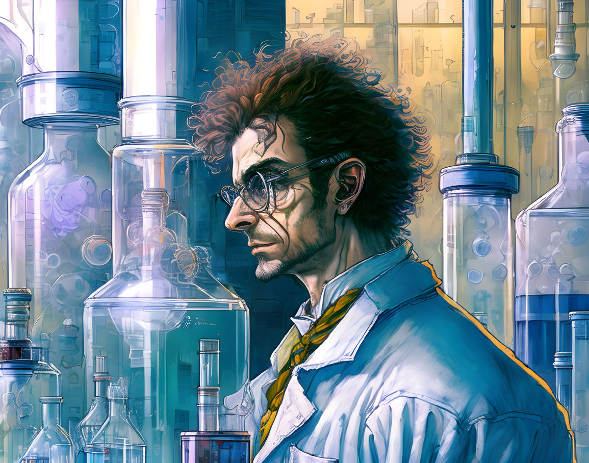 Curly-Haired Scientist in Lab with Glassware and Formulas