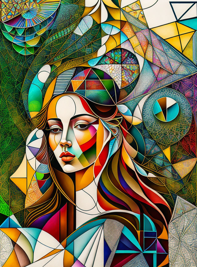 Colorful Geometric Abstract Art: Stylized Woman with Patterns