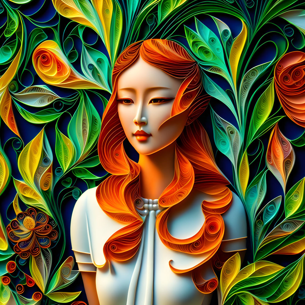 Colorful digital artwork: Stylized woman with elfin features in intricate floral backdrop