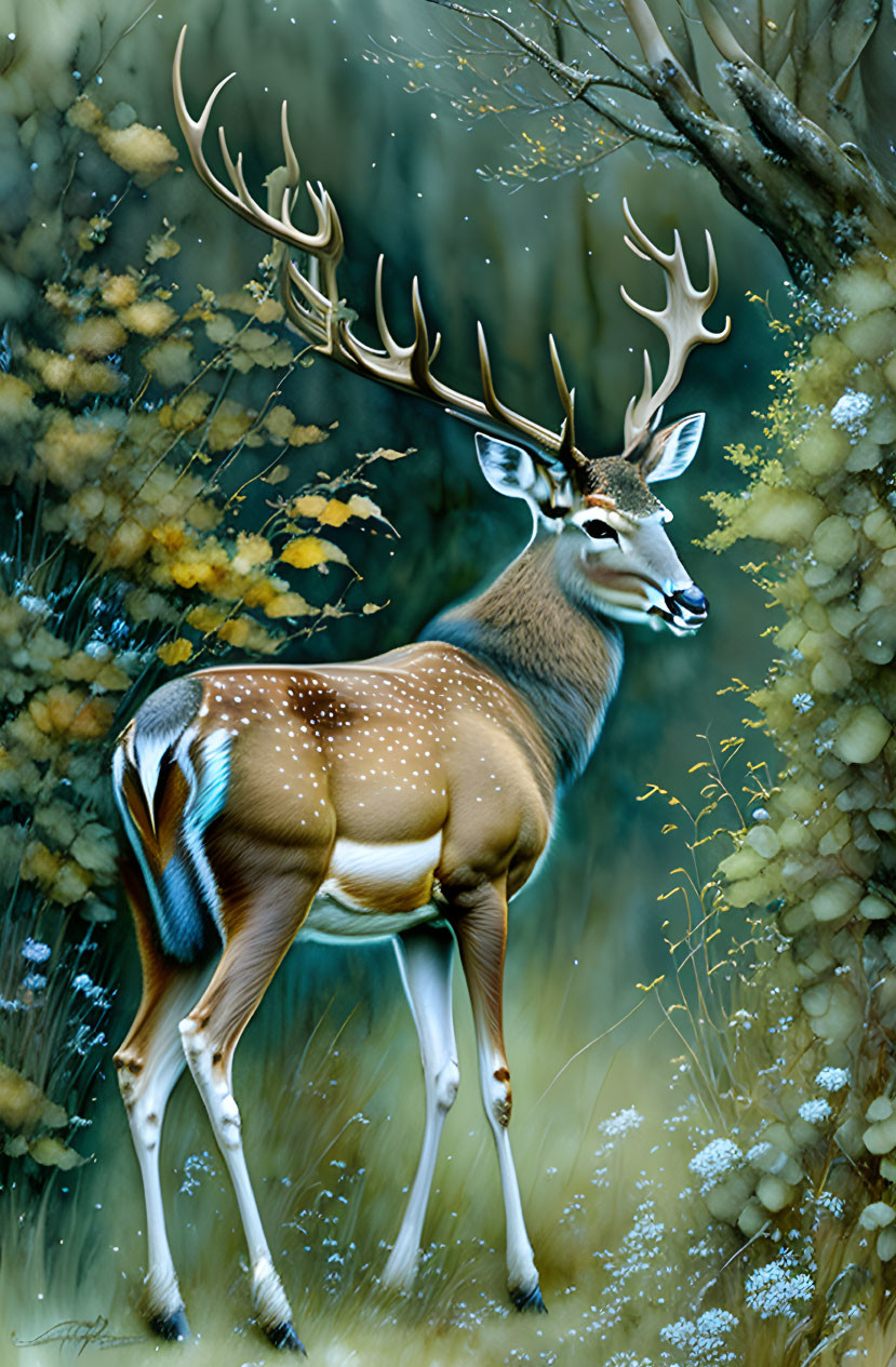 Majestic stag with prominent antlers in misty enchanted forest