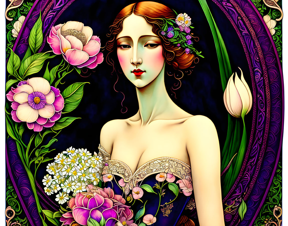 Illustrated portrait of woman with stylized features and vibrant floral patterns