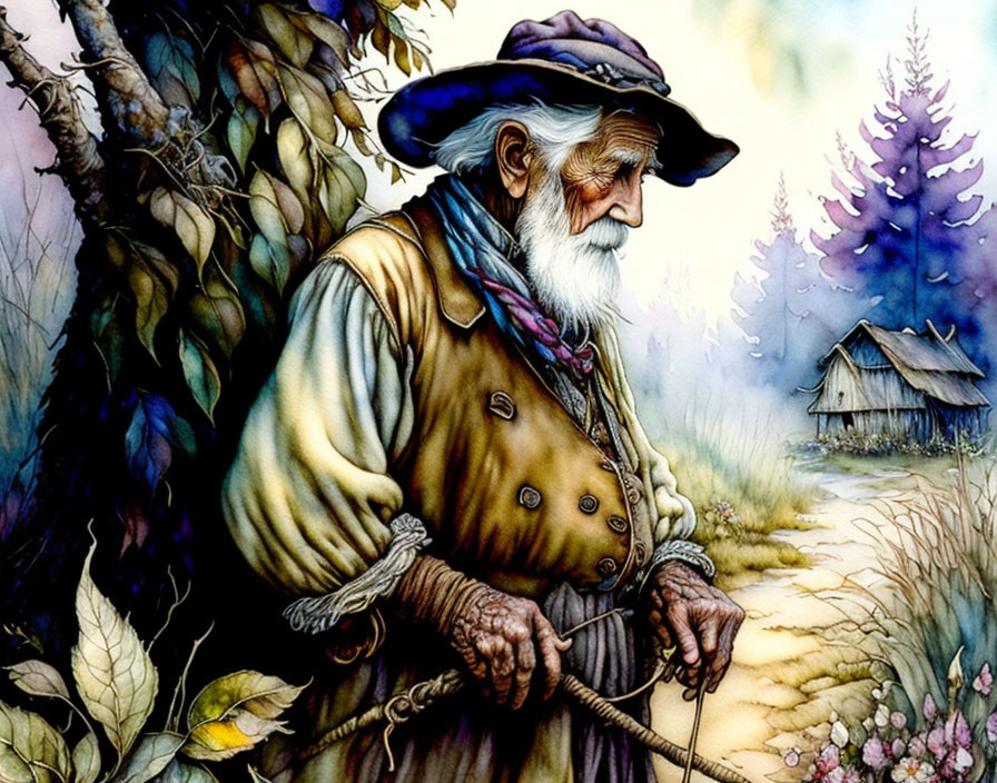 Elderly man with beard, hat, and coat standing in forest with cottage