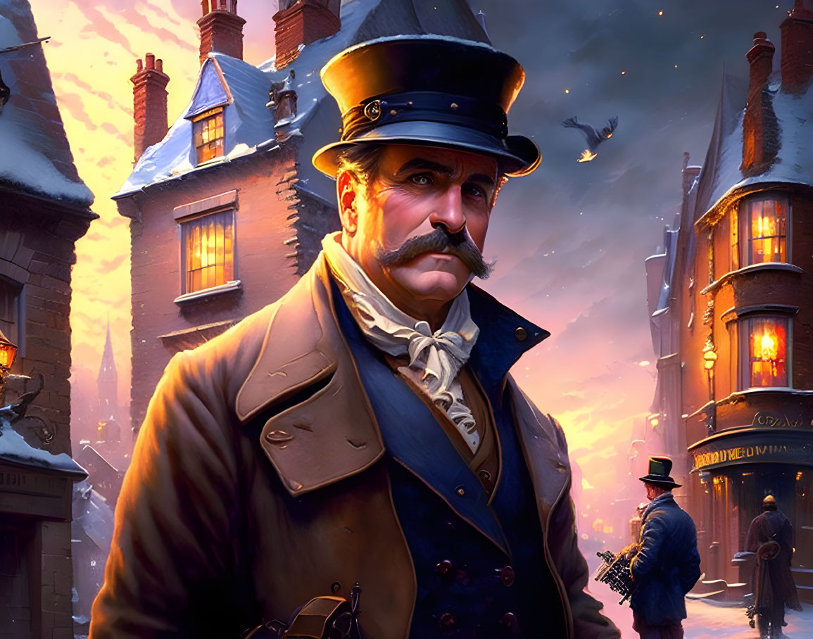 Victorian gentleman in top hat and snow-covered street at dusk