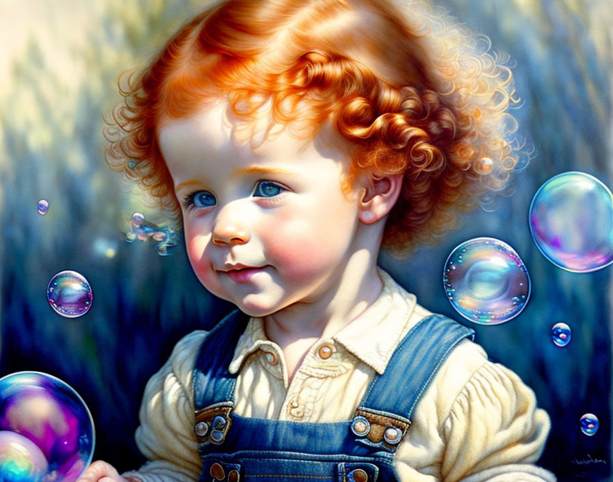 Curly Red-Haired Child in Overalls Watching Soap Bubbles Outdoors