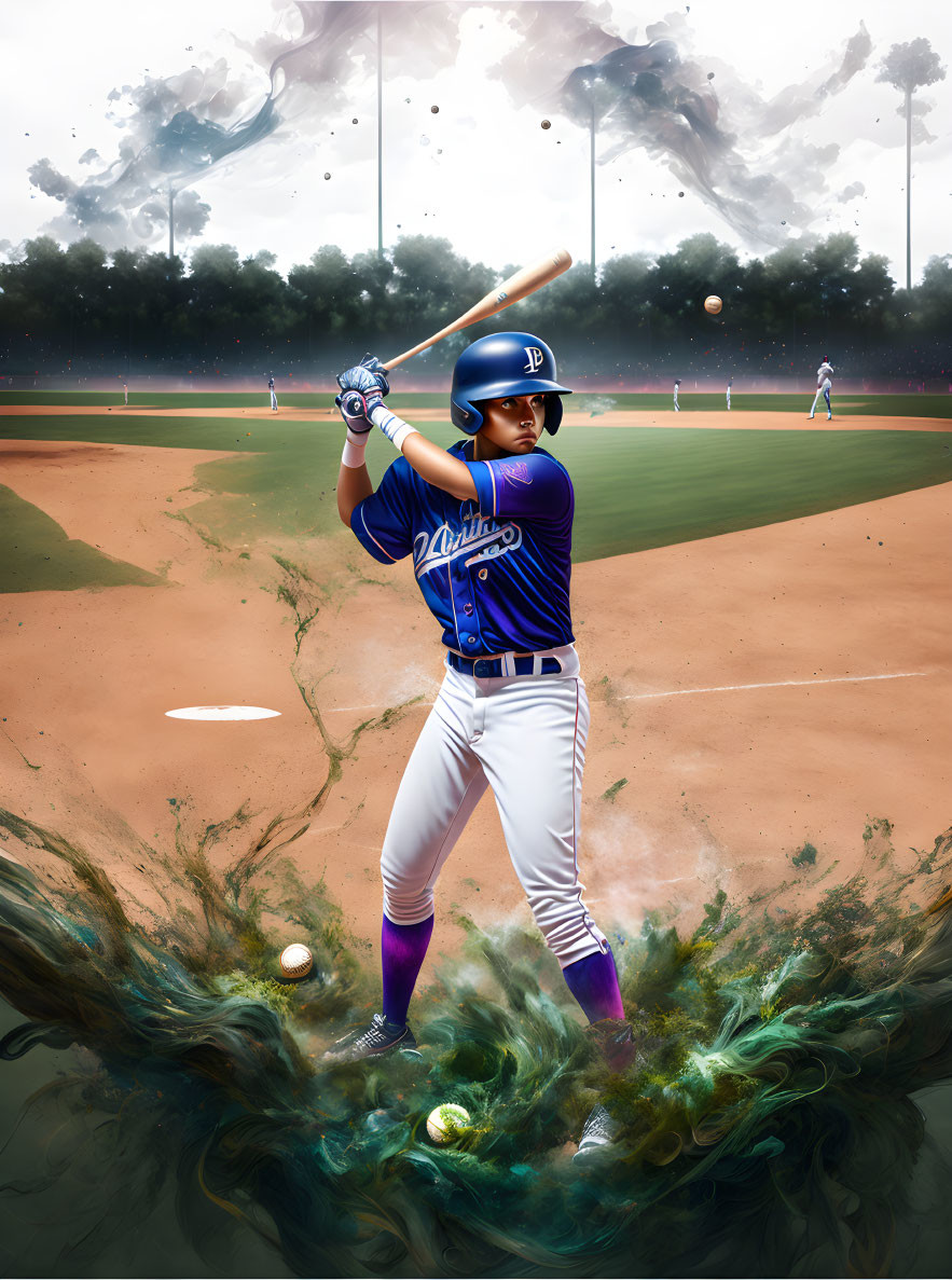 Vivid Blue Baseball Player Artwork in Dynamic Field