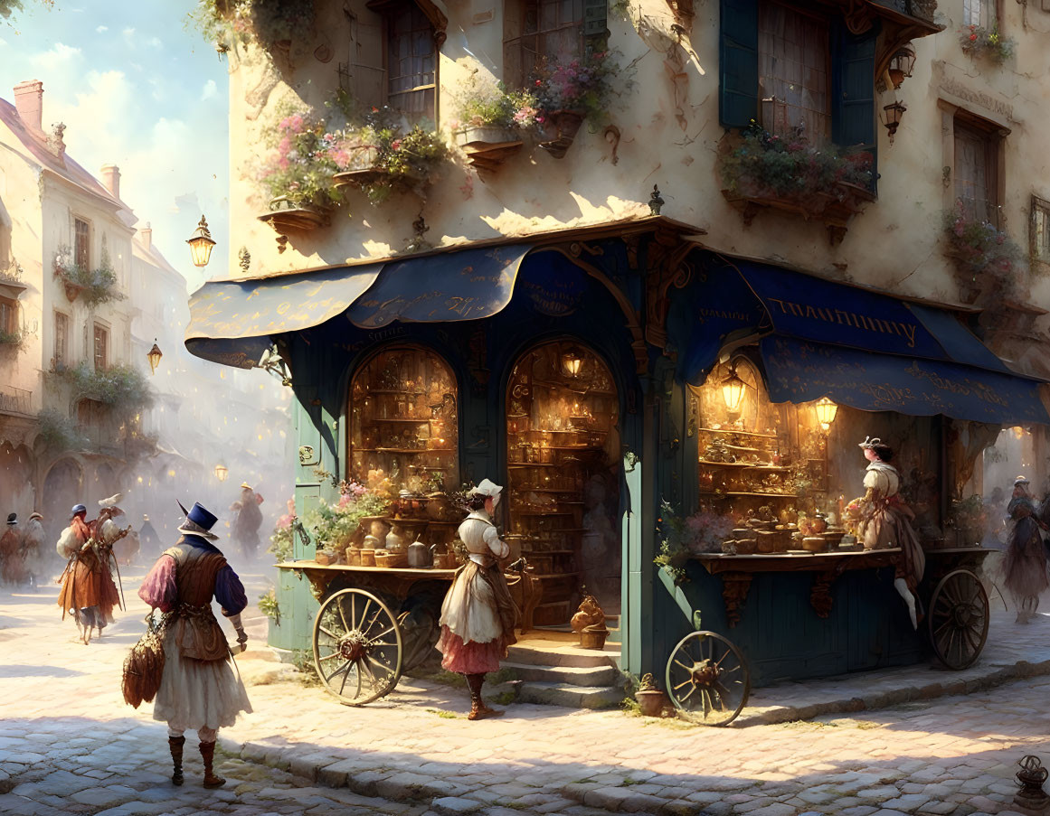 Historical street scene with bakery, cobblestone roads & people in attire