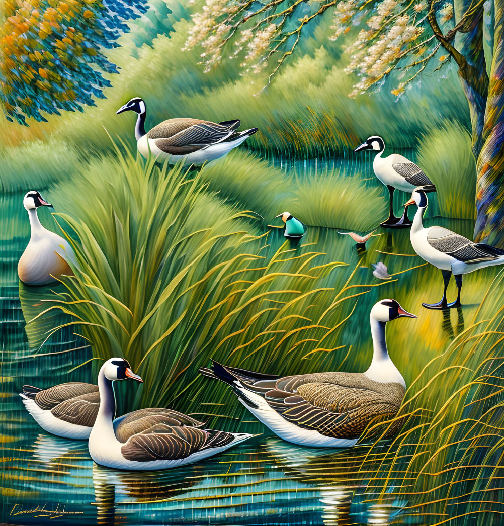 Detailed painting of seven ducks by tranquil water with lush greenery.