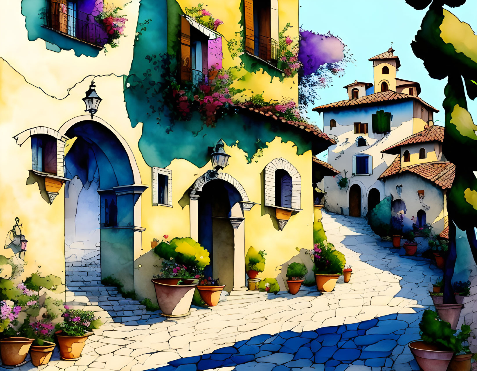 Colorful European village street scene with cobblestones and charming houses.