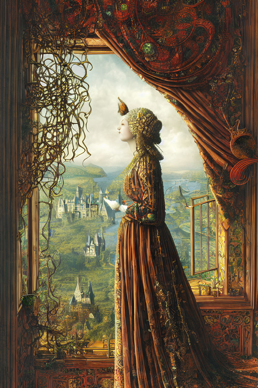 Woman in ornate dress gazes at castle through window in lush landscape