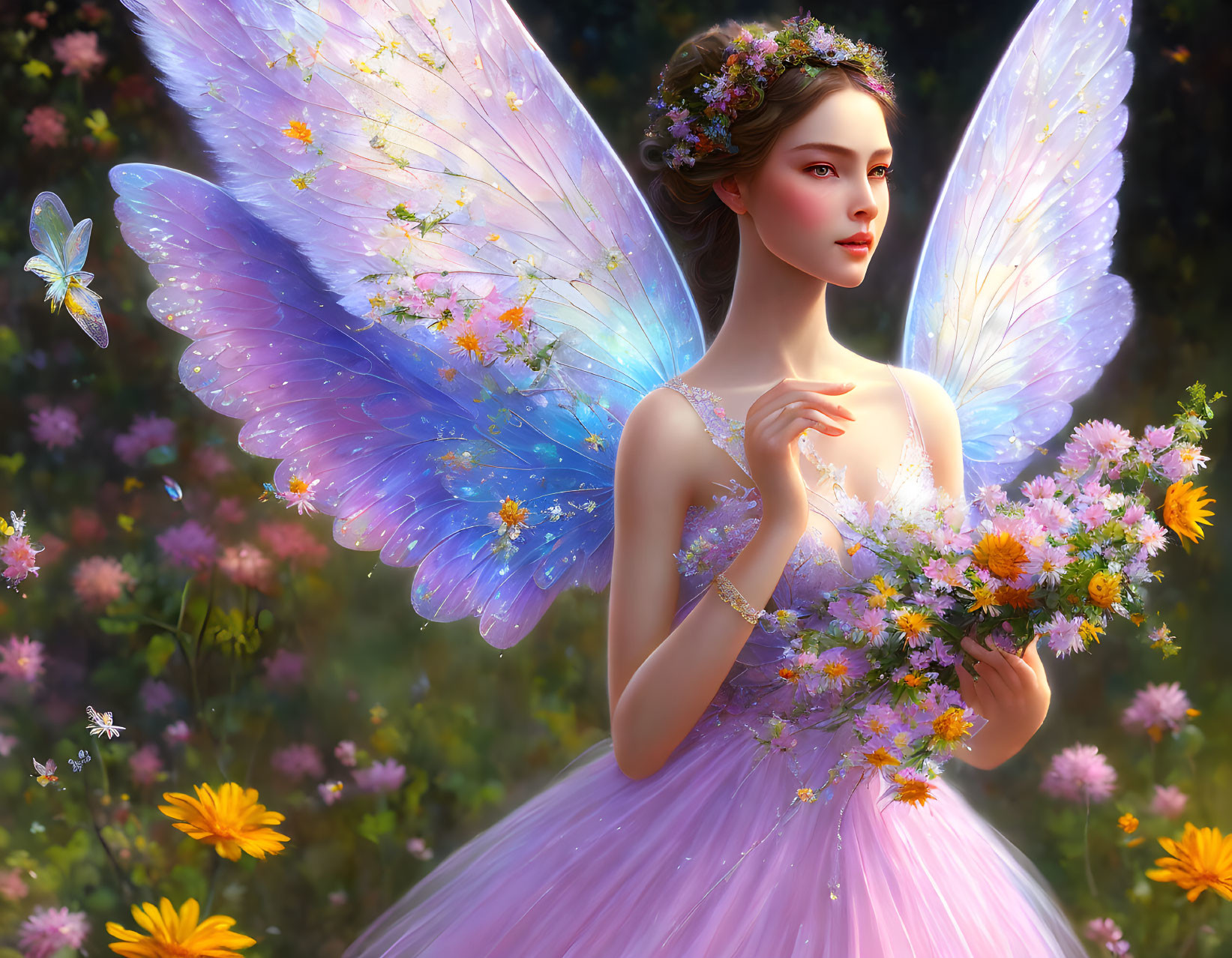 Woman with iridescent wings in floral dress holding bouquet in vibrant flower-filled scene