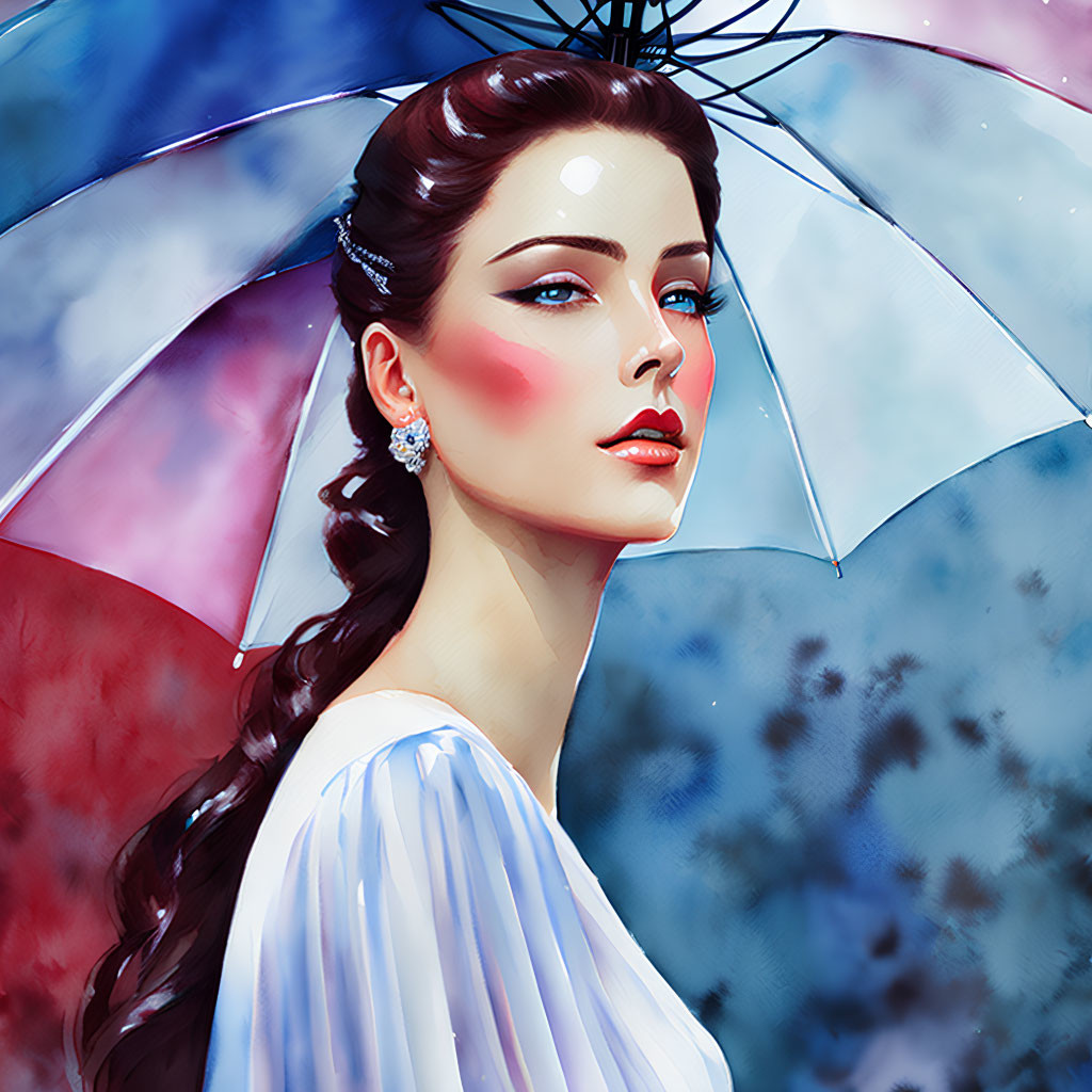 Woman with Elegant Hair and Lace Umbrella on Vibrant Background