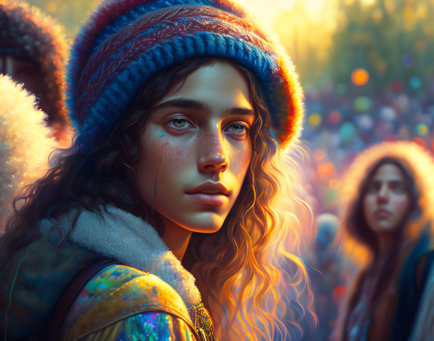 Curly-haired woman in colorful knit hat and winter jacket under golden hour light.