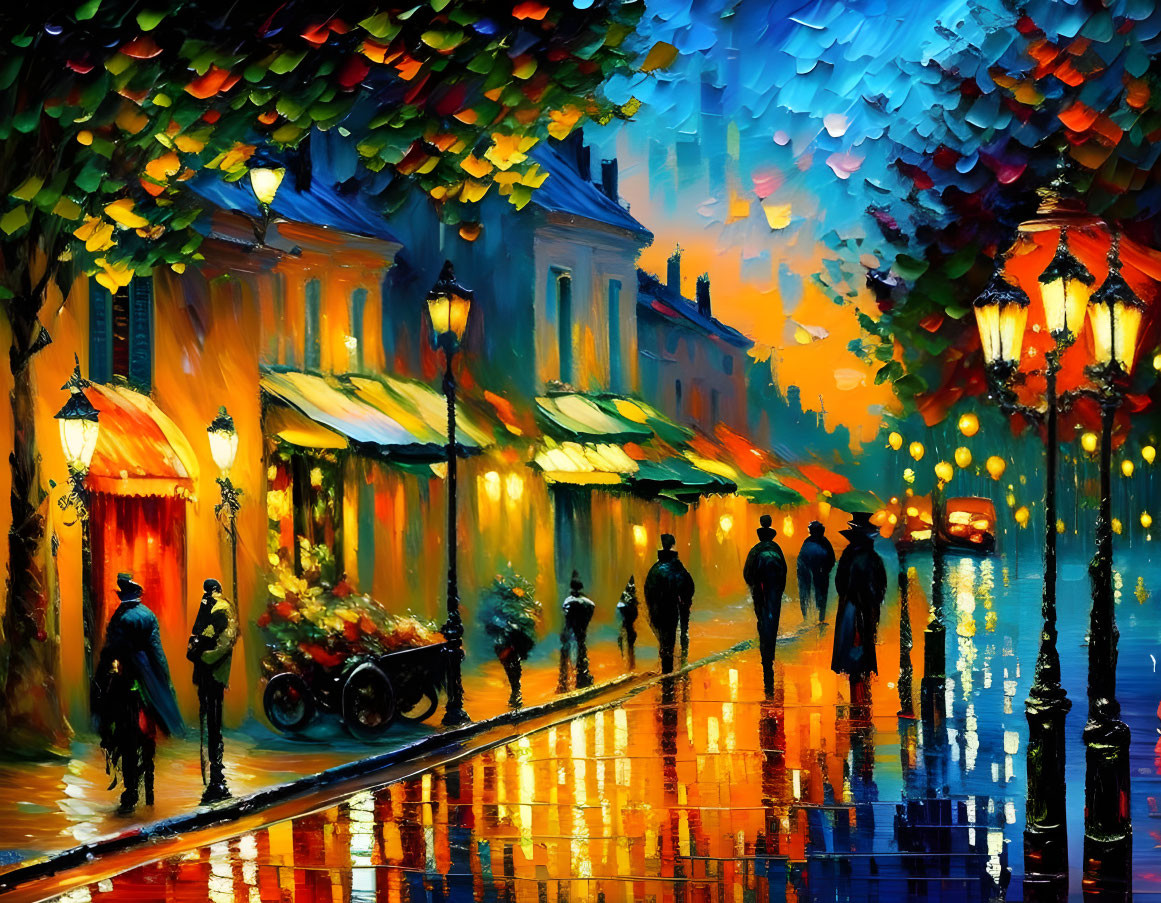 Vibrant impressionistic city street painting at night