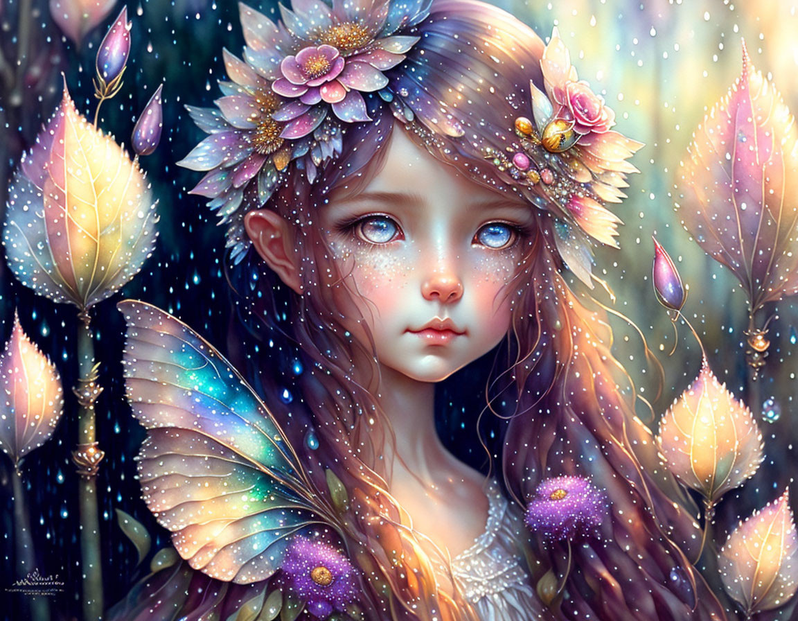 Young girl with butterfly wings in magical floral setting