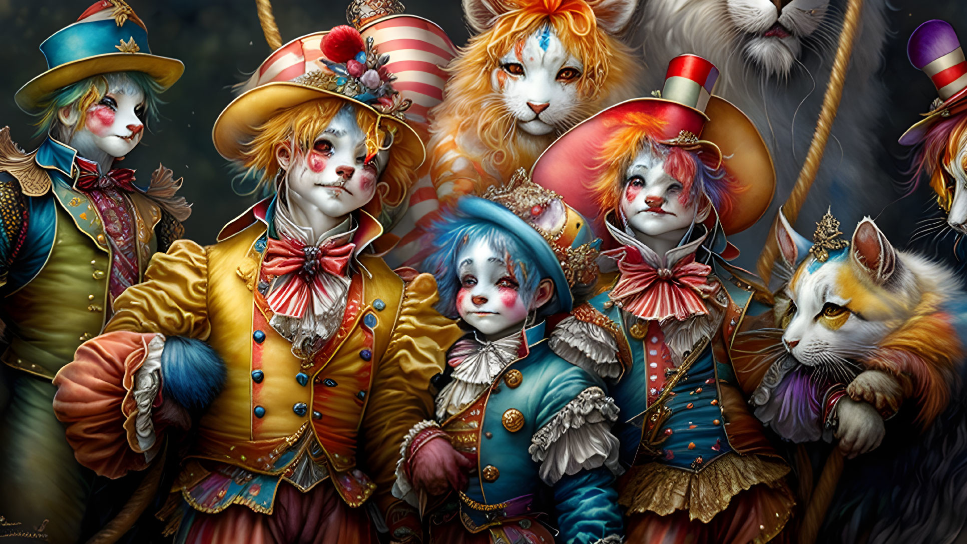 Anthropomorphic animal characters in ornate circus attire with whimsical face paint