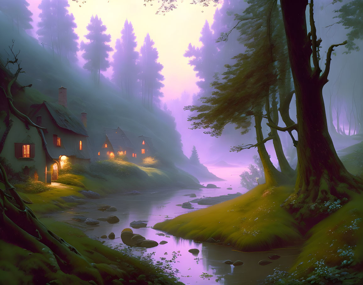 Cozy cottage by gentle stream in mystical purple forest at twilight