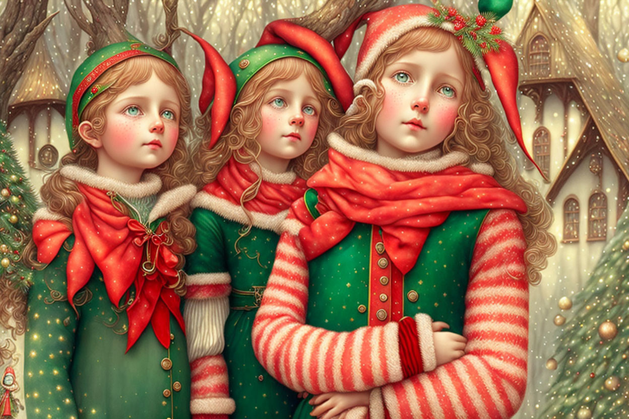 Three children in elf costumes in front of festive holiday scene