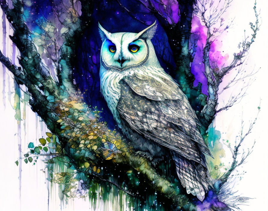 Colorful watercolor painting: Owl in mystical tree with blue and purple hues