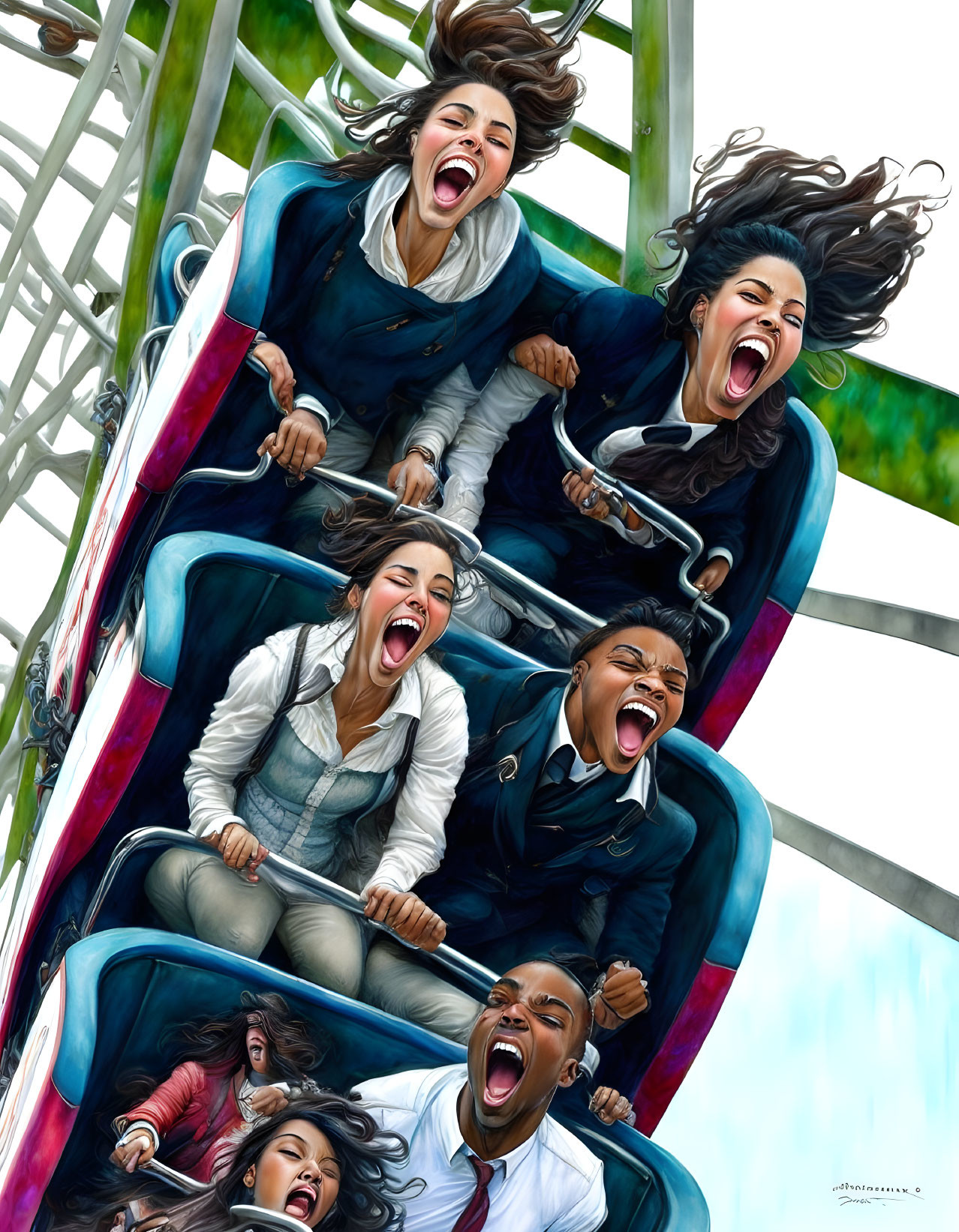 Excited group on roller coaster: mouths open, hair flying