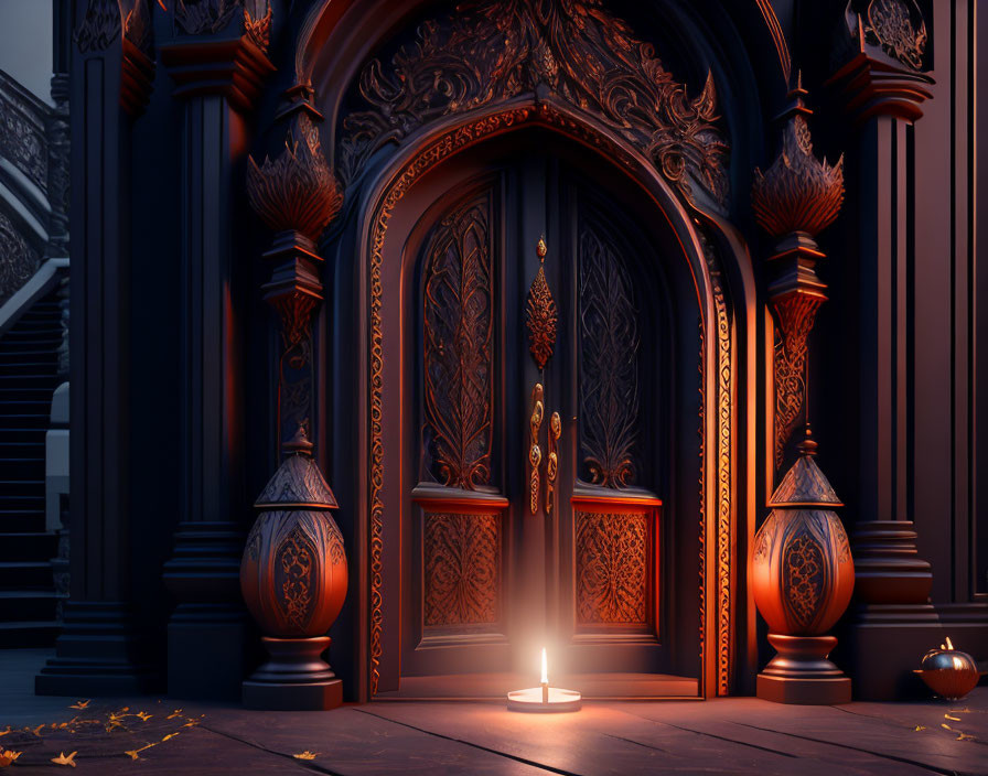 Ornate carved doors with vases, candlelight, autumn leaves, and stairs