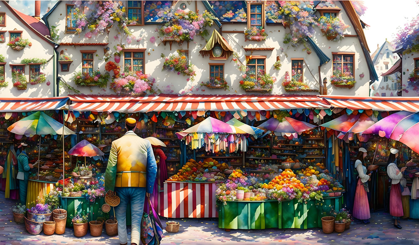 Vibrant marketplace with colorful stalls and bustling shoppers