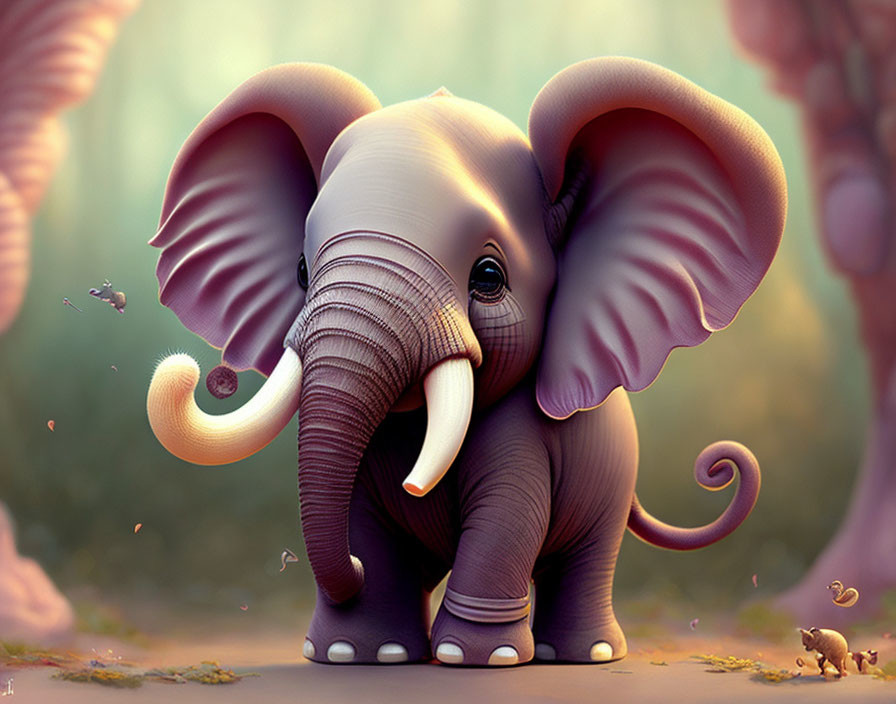 Adorable baby elephant with butterflies and mouse