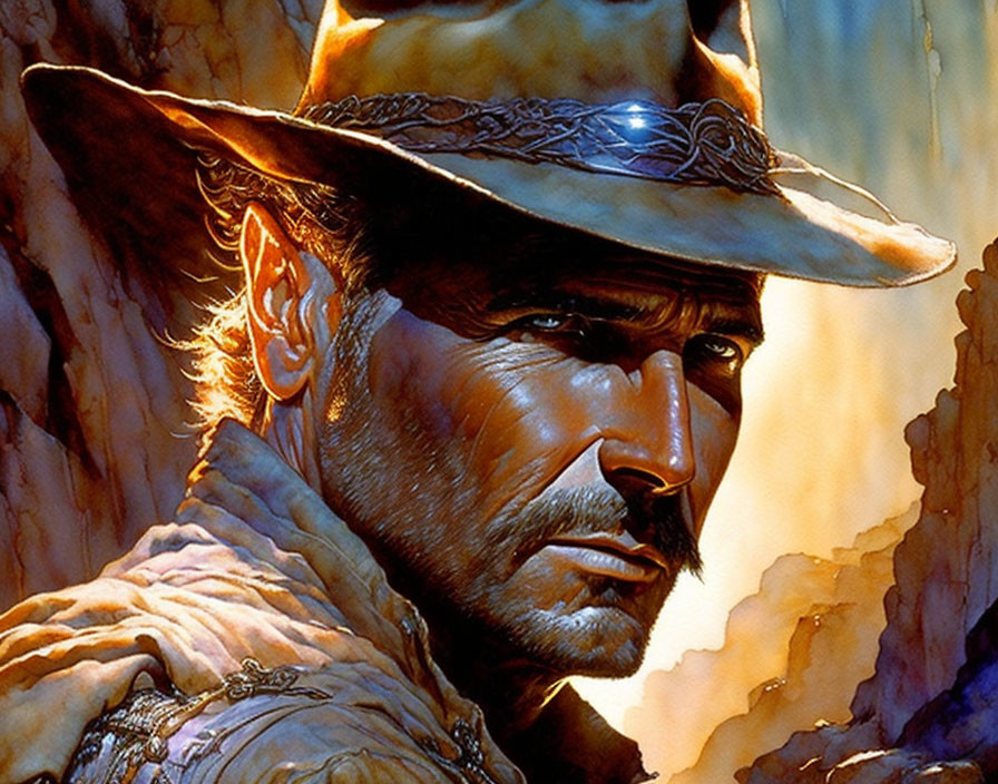 Weathered face with stubble in wide-brimmed hat gazes intensely.