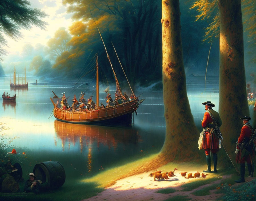 Historical soldiers scene by riverbank with boat and sunlight