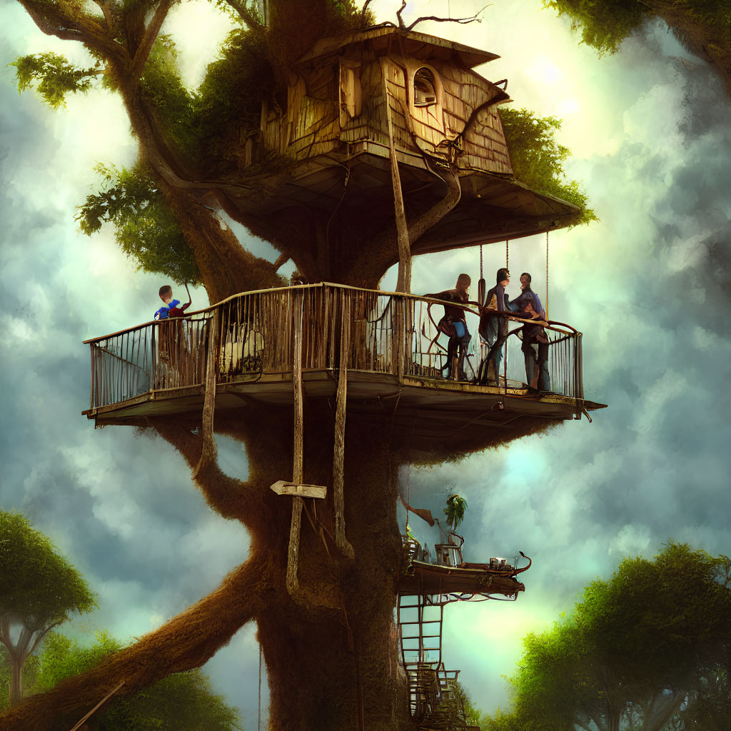 Treehouse with circular deck, bridges, and ladders in lush foliage under dreamy sky