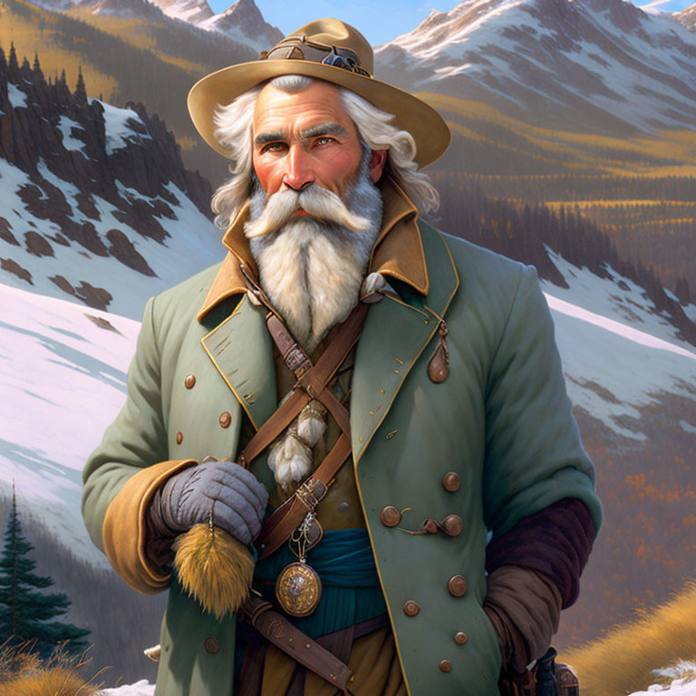 Bearded man in hat and coat with compass in snowy mountains