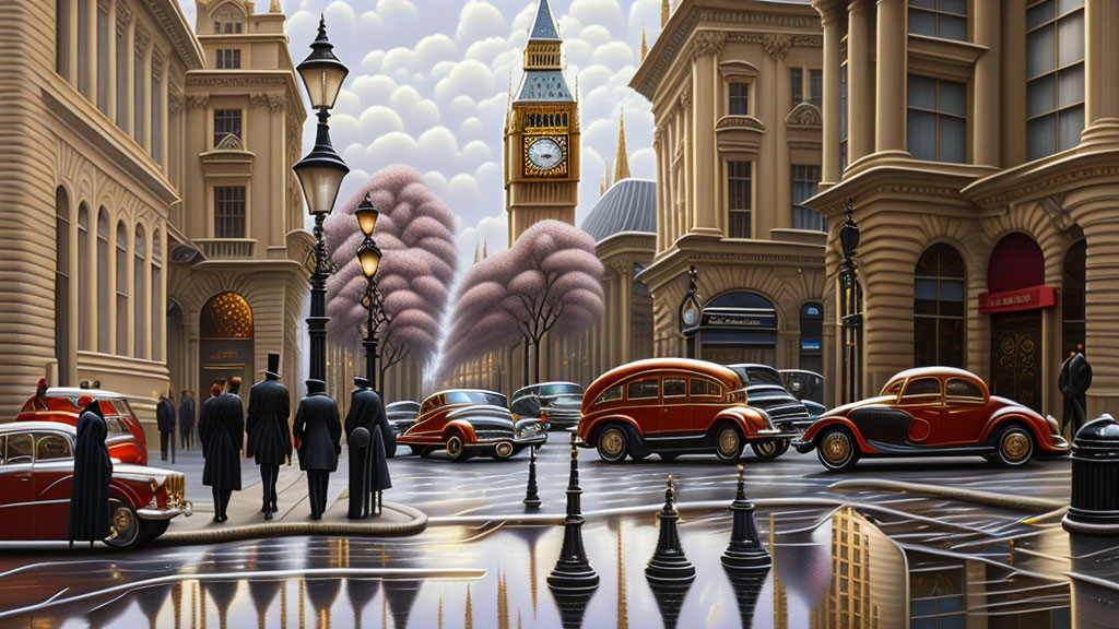 Vintage cars and Big Ben in a stylized city street illustration