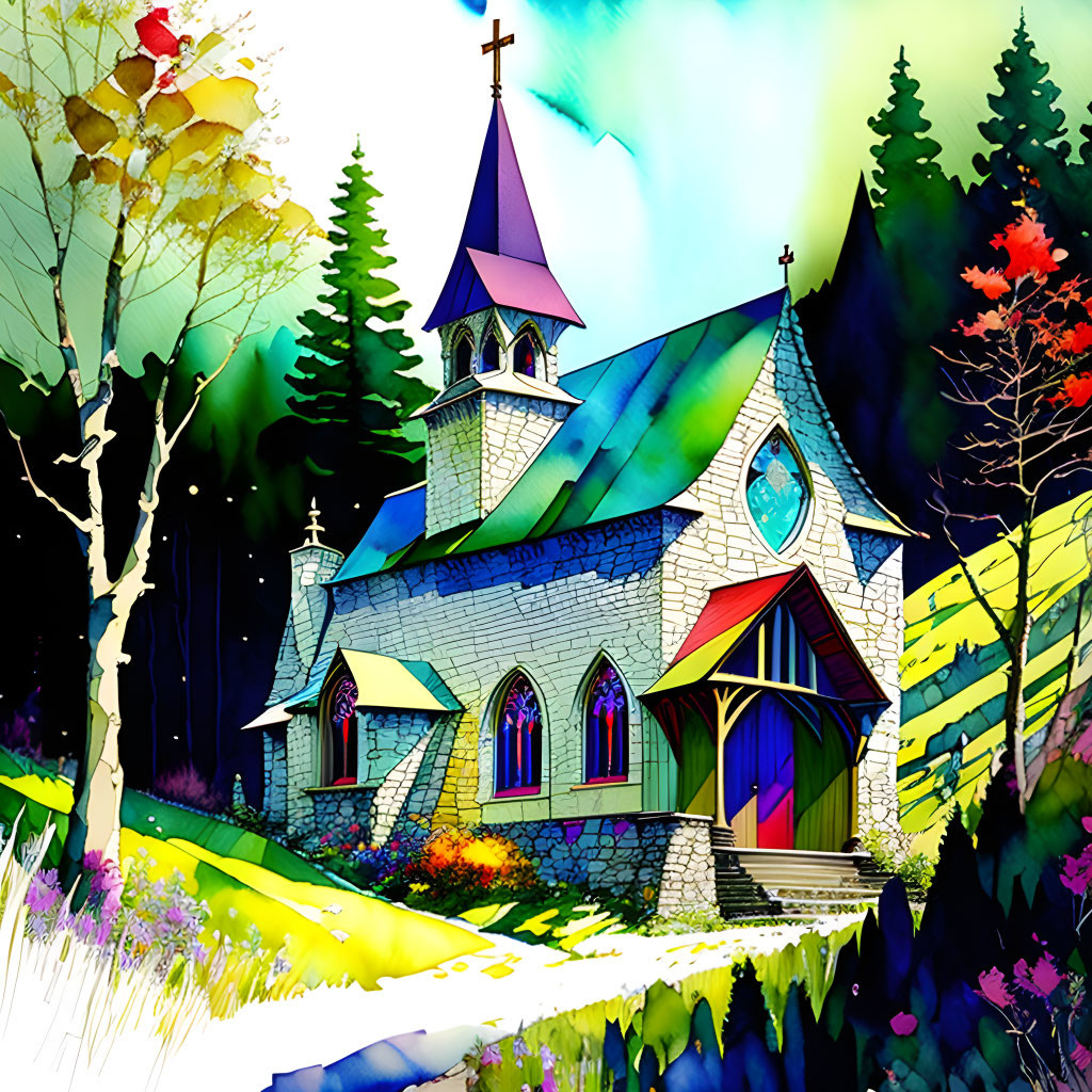 Vibrant illustration: Storybook church with stained glass windows in lush, diverse landscape