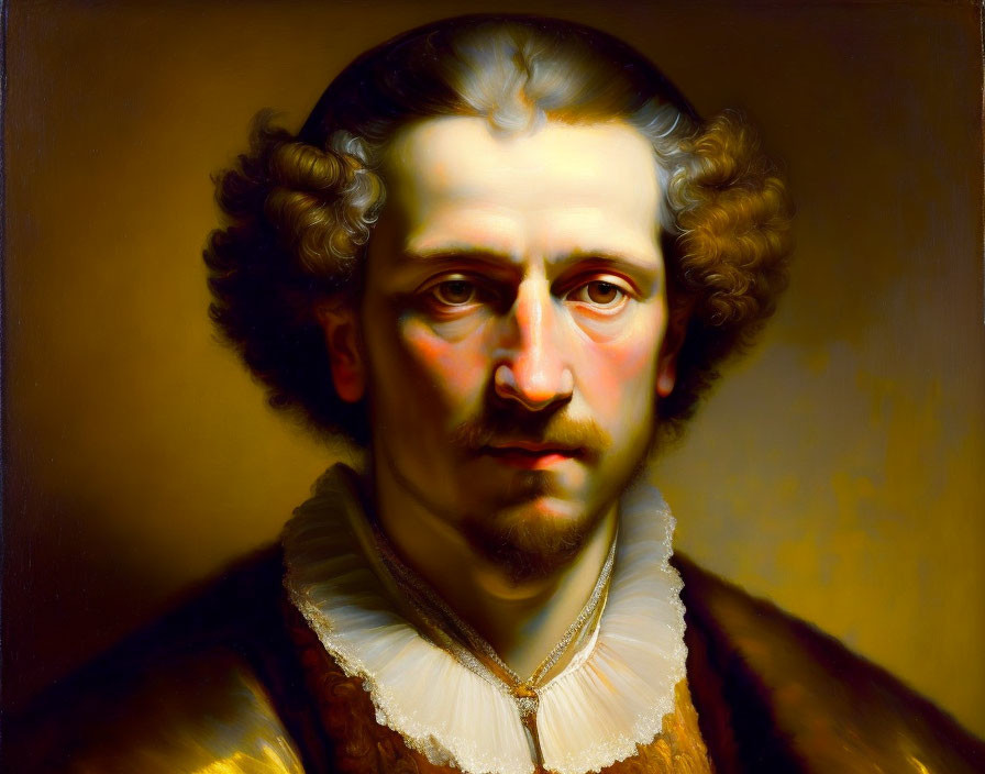 17th-Century Man Portrait: Curly Hair, White Collar, Gold Cloak