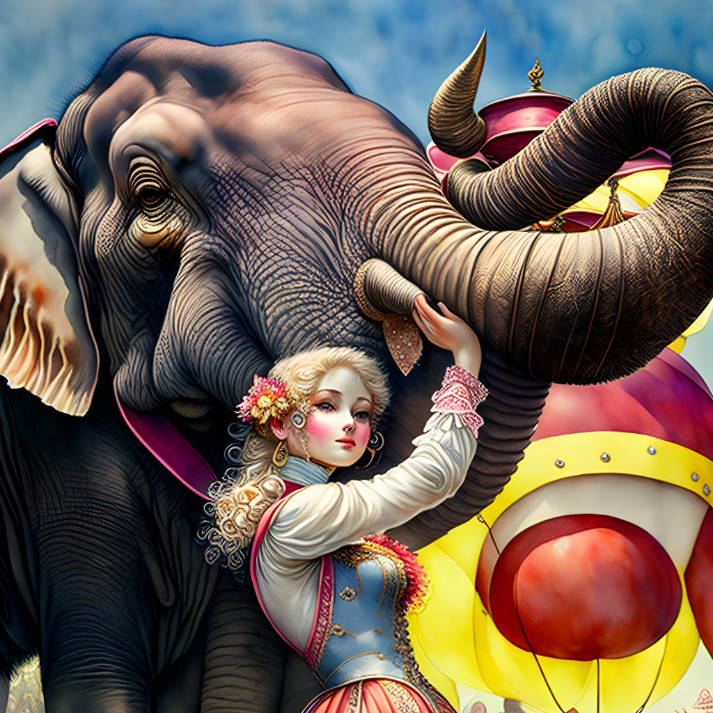 Woman in period costume with decorated elephant under dramatic sky