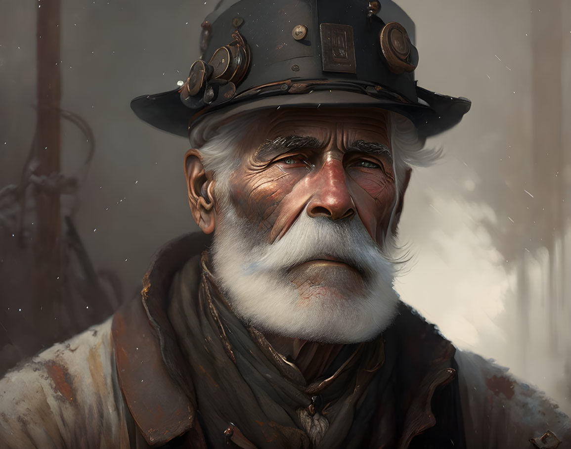 Elderly man in steampunk hat with white beard gazes thoughtfully