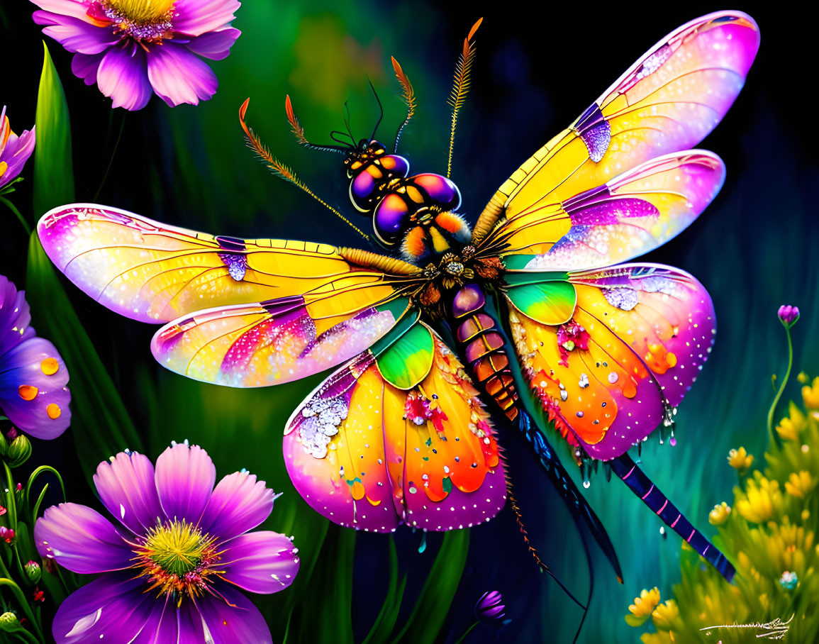 Colorful dragonfly on flower in lush meadow with purple blooms