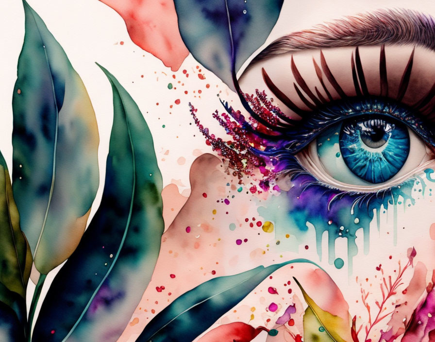 Vibrant watercolor painting of a detailed human eye with floral elements