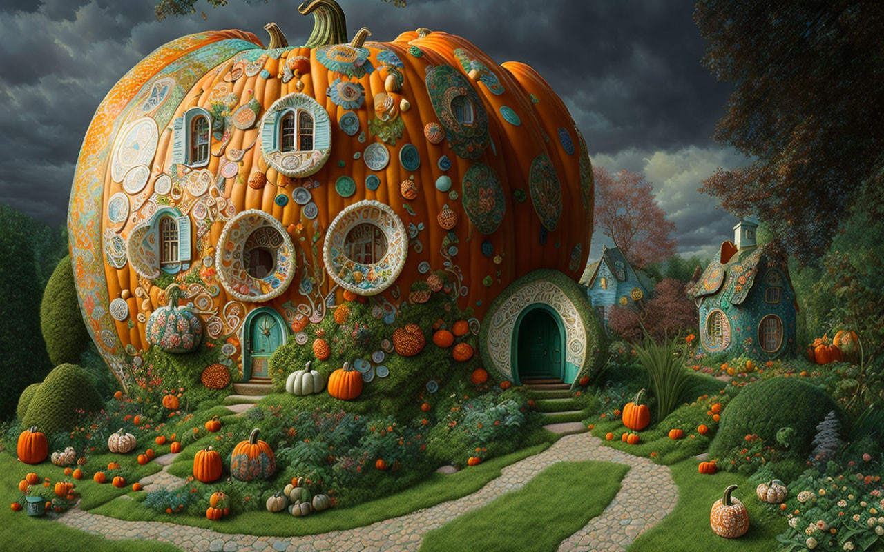 Illustration of large pumpkin house in magical garden