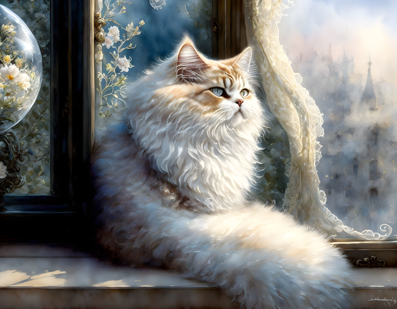 Fluffy white cat by window with cityscape view