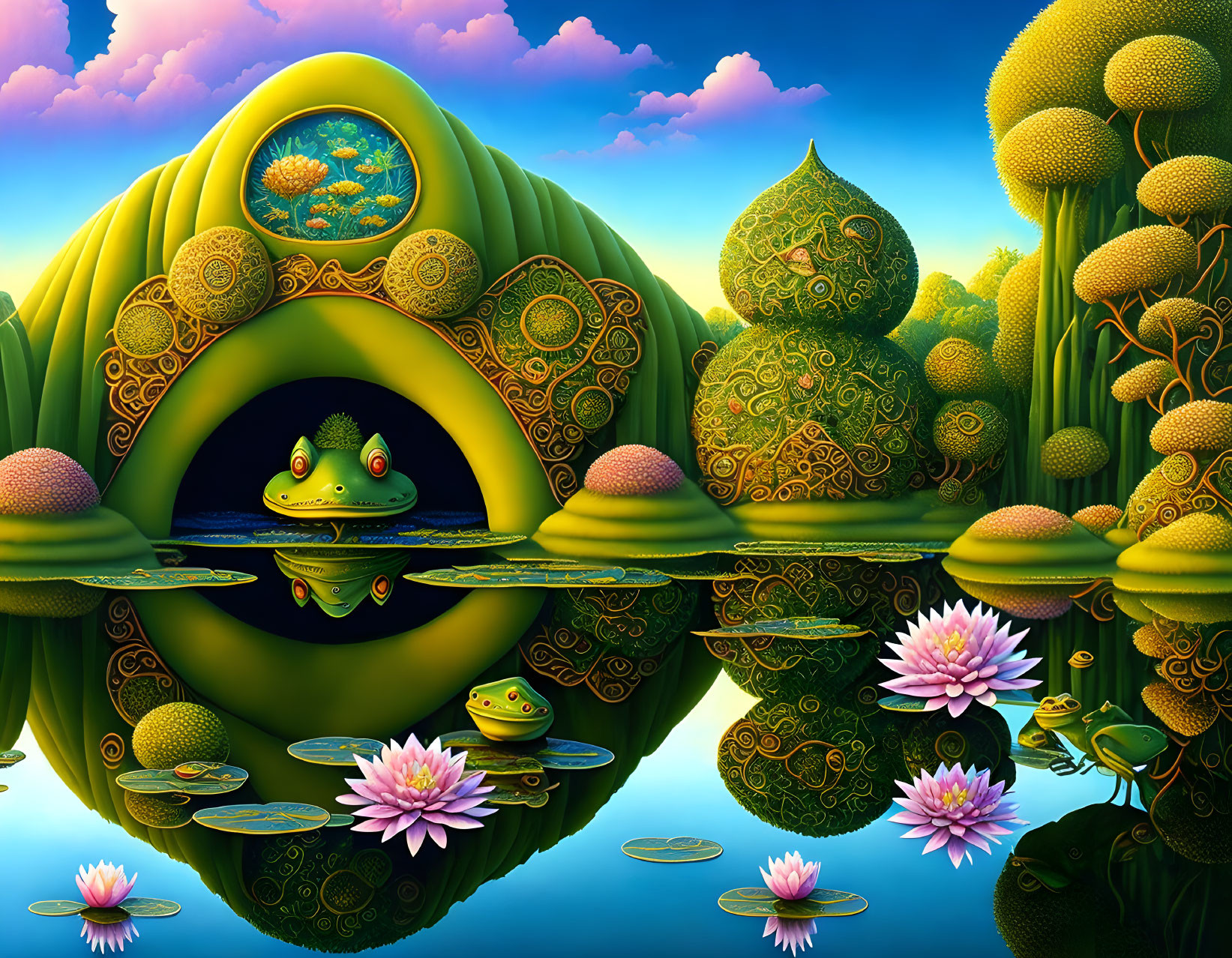 Colorful landscape with cartoon frogs, trees, lotus flowers, and reflecting pond