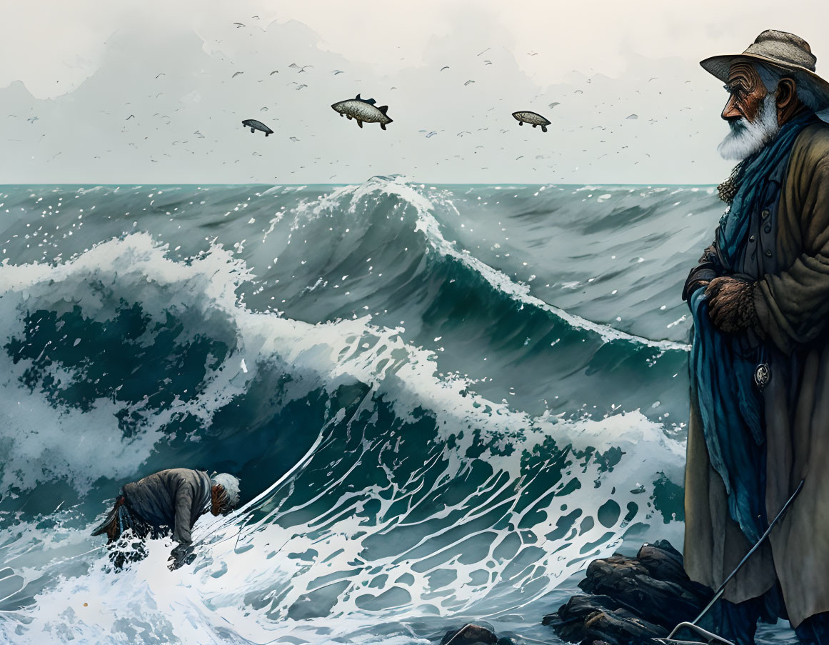 Illustrated old sailor gazes at stormy sea with crashing waves and flying fish.