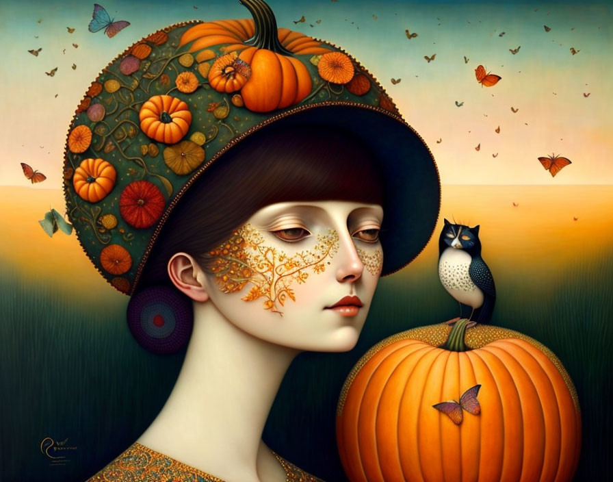 Surreal portrait of woman with autumn decorations & twilight backdrop