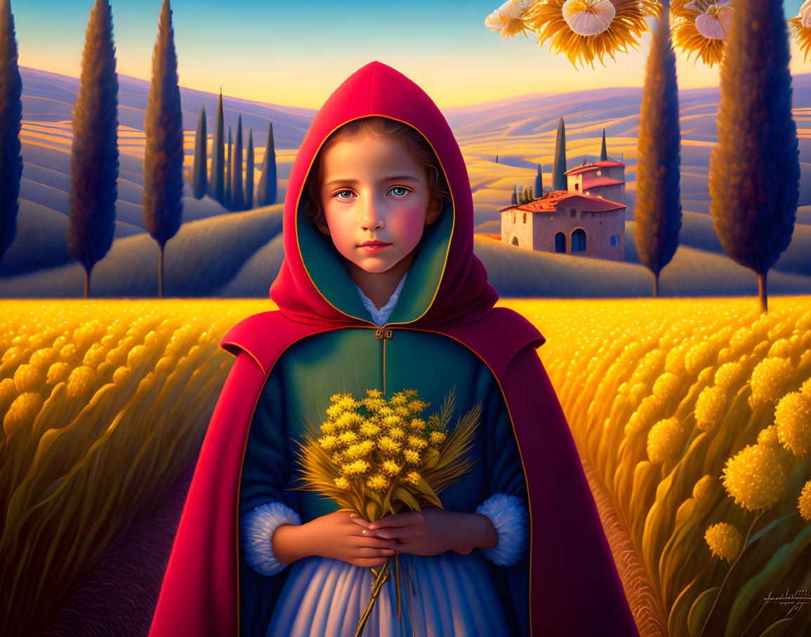 Young girl in red cloak with wheat bouquet in golden field at sunset